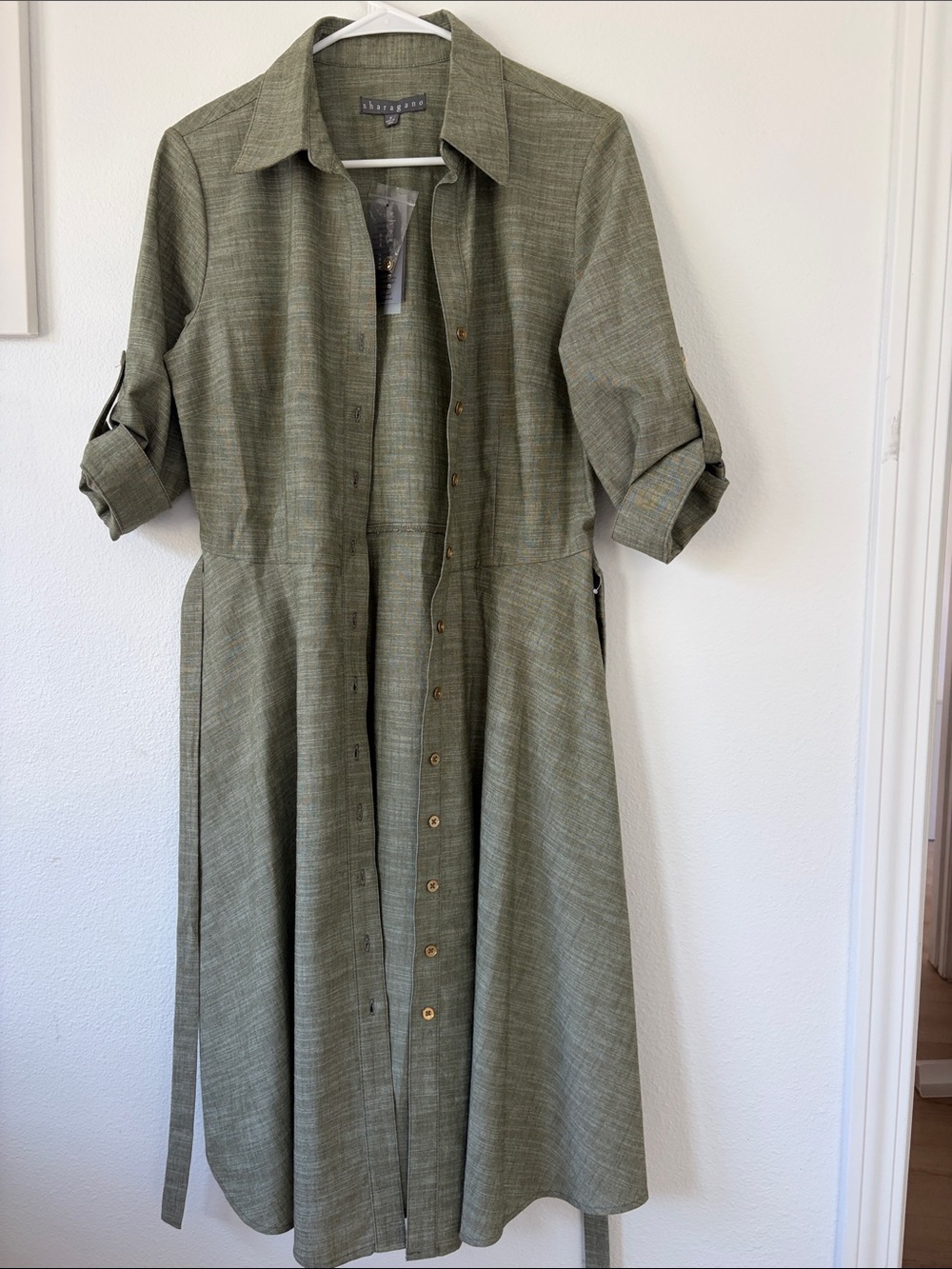 Sharagano Olive Button-Front Midi Shirt Dress